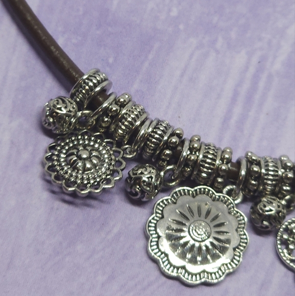 Chaps Silver Tone Charm Brown Cord Necklace - Picture 5 of 8